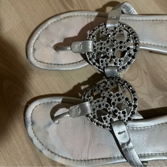 TORY BURCH Miller Sandals Silver Metallic with Accents Size 8 1/2