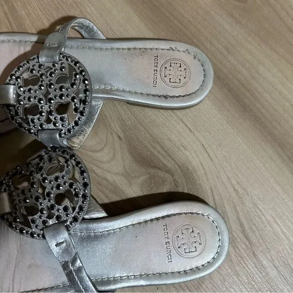 TORY BURCH Miller Sandals Silver Metallic with Accents Size 8 1/2