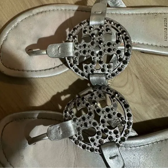 TORY BURCH Miller Sandals Silver Metallic with Accents Size 8 1/2