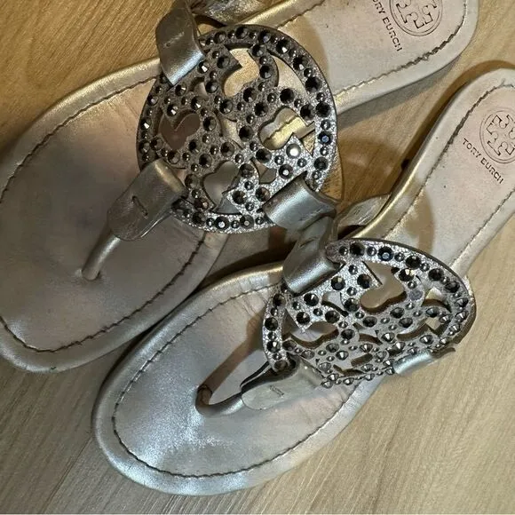 TORY BURCH Miller Sandals Silver Metallic with Accents Size 8 1/2