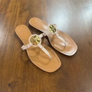 Tory Burch Mini Miller Square Toe Leather Logo Sandals Size 7.5