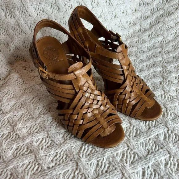 Tory Burch Nadia Huarache‎ Sandals Women's Size 9 M Tan Leather Open Toe Heels