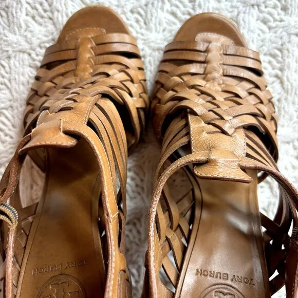 Tory Burch Nadia Huarache‎ Sandals Women's Size 9 M Tan Leather Open Toe Heels