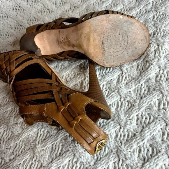 Tory Burch Nadia Huarache‎ Sandals Women's Size 9 M Tan Leather Open Toe Heels