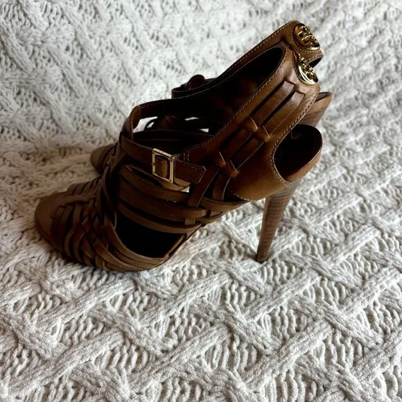 Tory Burch Nadia Huarache‎ Sandals Women's Size 9 M Tan Leather Open Toe Heels
