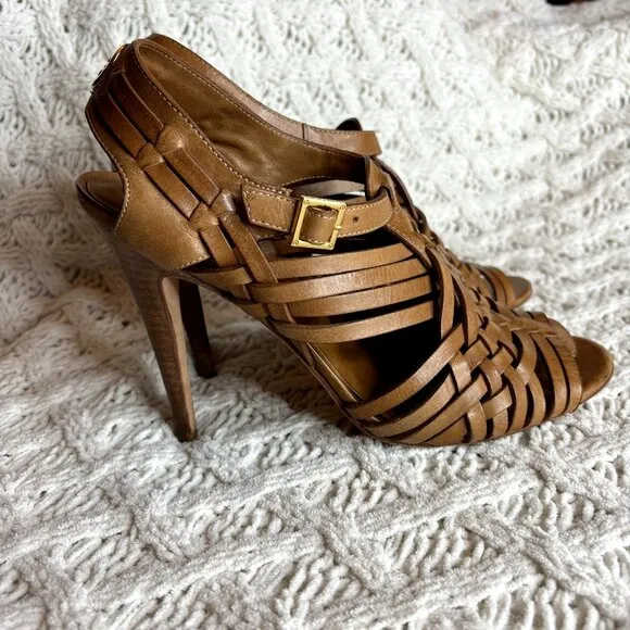 Tory Burch Nadia Huarache‎ Sandals Women's Size 9 M Tan Leather Open Toe Heels