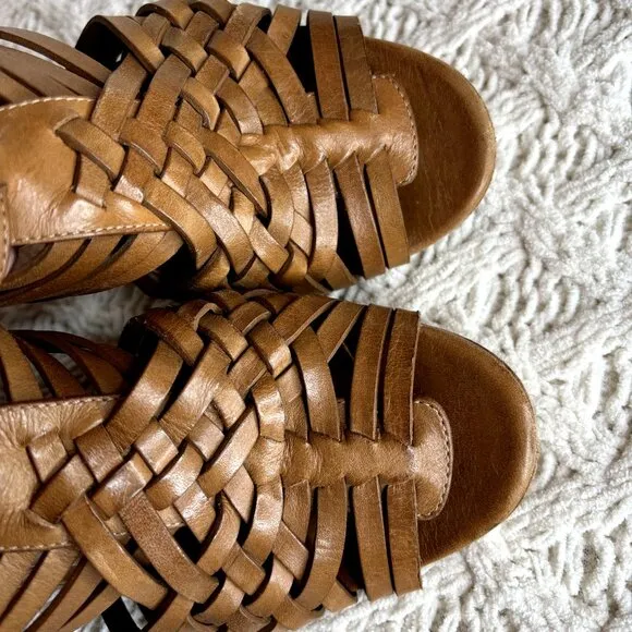 Tory Burch Nadia Huarache‎ Sandals Women's Size 9 M Tan Leather Open Toe Heels