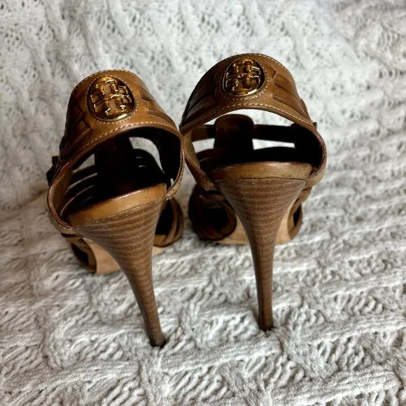 Tory Burch Nadia Huarache‎ Sandals Women's Size 9 M Tan Leather Open Toe Heels