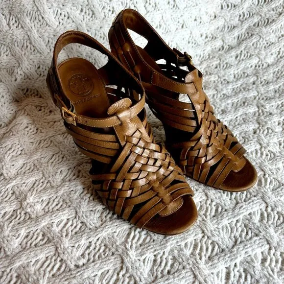 Tory Burch Nadia Huarache‎ Sandals Women's Size 9 M Tan Leather Open Toe Heels
