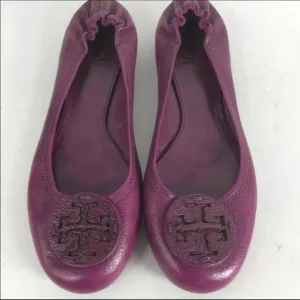 Tory Burch Purple Pebbled Leather Slip-On Emblem Cap Ballet Flats 8M