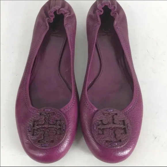 Tory Burch Purple Pebbled Leather Slip-On Emblem Cap Ballet Flats 8M