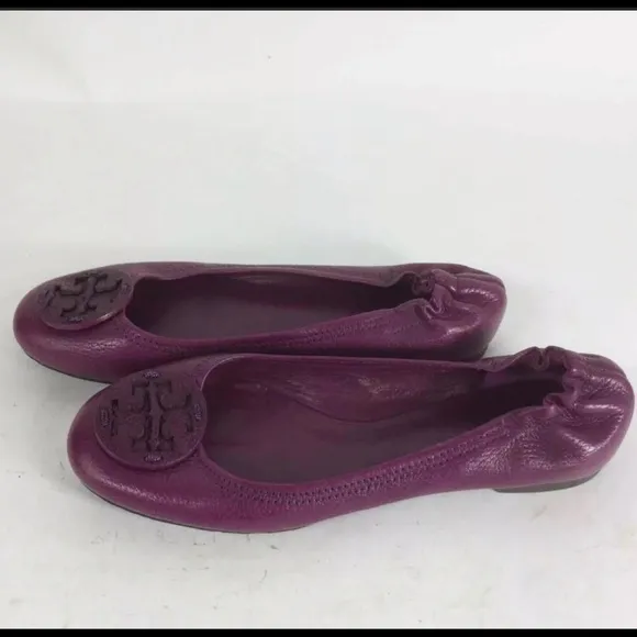 Tory Burch Purple Pebbled Leather Slip-On Emblem Cap Ballet Flats 8M