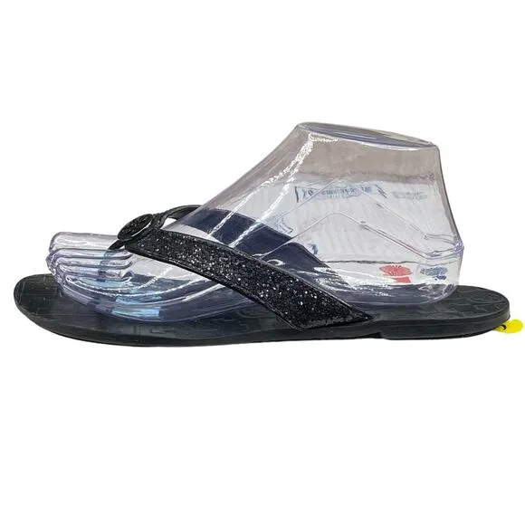 Tory Burch Women's Thora Black Leather Medallion Thong Sandal Size US 9