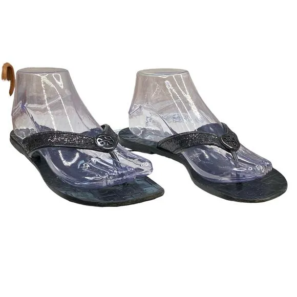 Tory Burch Women's Thora Black Leather Medallion Thong Sandal Size US 9
