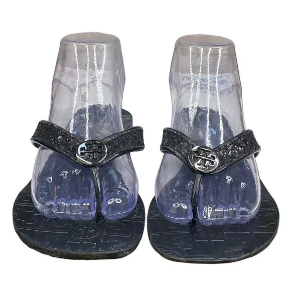 Tory Burch Women's Thora Black Leather Medallion Thong Sandal Size US 9