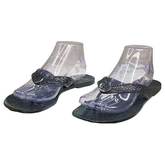 Tory Burch Women's Thora Black Leather Medallion Thong Sandal Size US 9