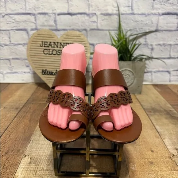 Tory Burch Tiny Miller Toe Ring High Block Sandals size 9 brown leather