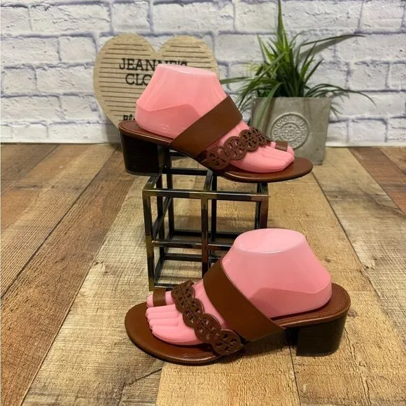 Tory Burch Tiny Miller Toe Ring High Block Sandals size 9 brown leather