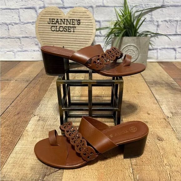 Tory Burch Tiny Miller Toe Ring High Block Sandals size 9 brown leather