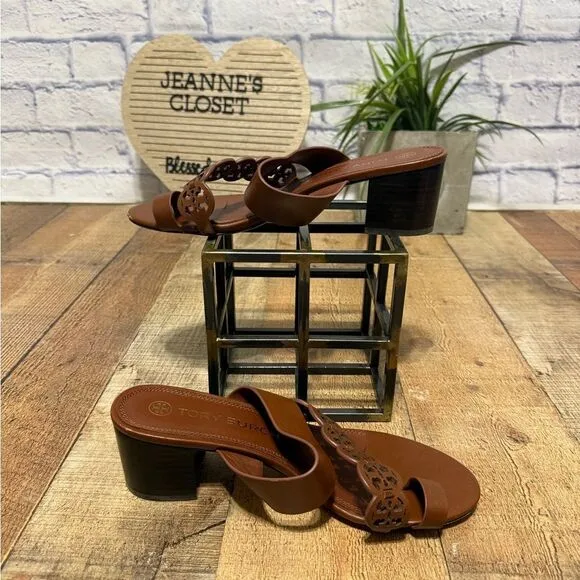 Tory Burch Tiny Miller Toe Ring High Block Sandals size 9 brown leather