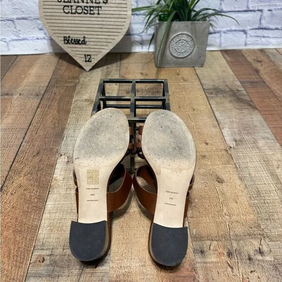 Tory Burch Tiny Miller Toe Ring High Block Sandals size 9 brown leather