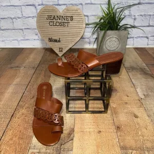 Tory Burch Tiny Miller Toe Ring High Block Sandals size 9 brown leather