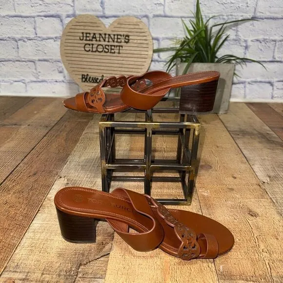 Tory Burch Tiny Miller Toe Ring High Block Sandals size 9 brown leather