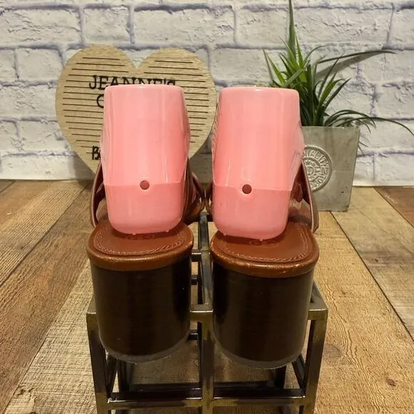 Tory Burch Tiny Miller Toe Ring High Block Sandals size 9 brown leather
