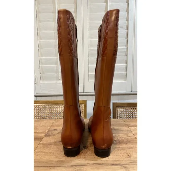 Trotters Morgan Leather Boots Luggage Size 11 Wide NWOB Woven Panel Strap Accent