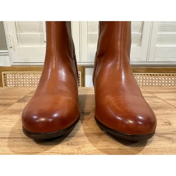 Trotters Morgan Leather Boots Luggage Size 11 Wide NWOB Woven Panel Strap Accent