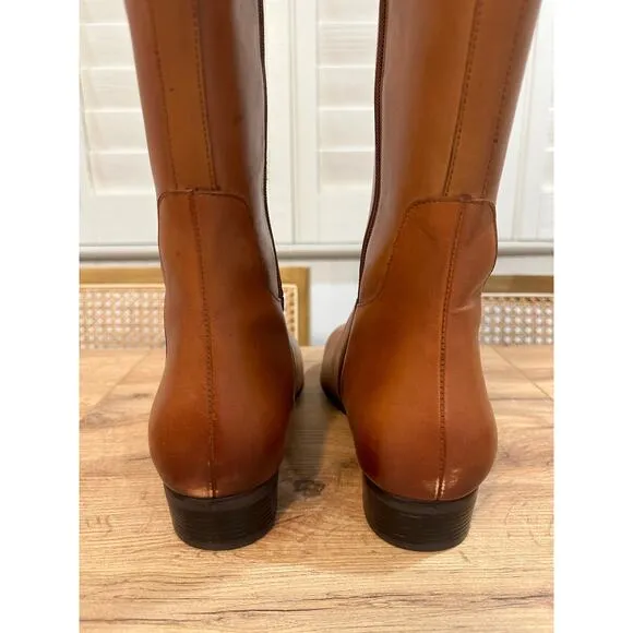 Trotters Morgan Leather Boots Luggage Size 11 Wide NWOB Woven Panel Strap Accent