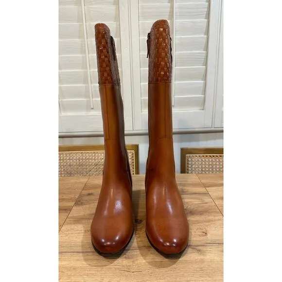 Trotters Morgan Leather Boots Luggage Size 11 Wide NWOB Woven Panel Strap Accent
