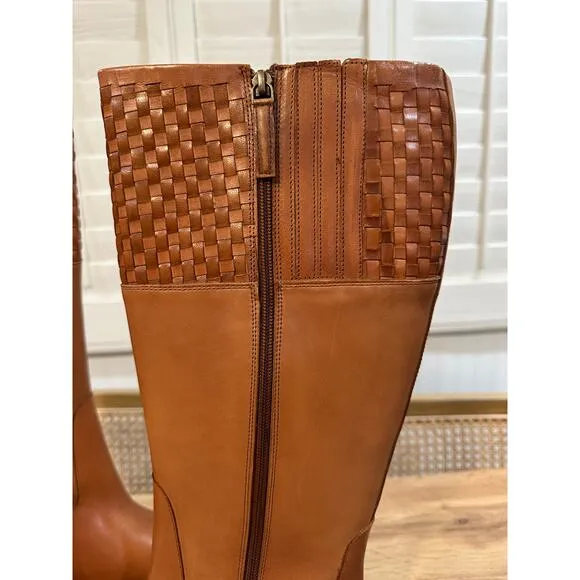 Trotters Morgan Leather Boots Luggage Size 11 Wide NWOB Woven Panel Strap Accent