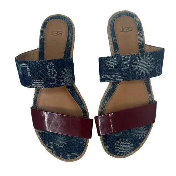 Ugg Australia Womens Amalia Denim Logo Double Band Slide Sandals Size 7
