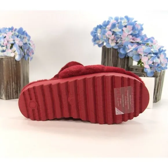 UGG Fluff Oh Yea Robe Red Sheepskin Fur Slippers Slides Sandals Size 6 NIB