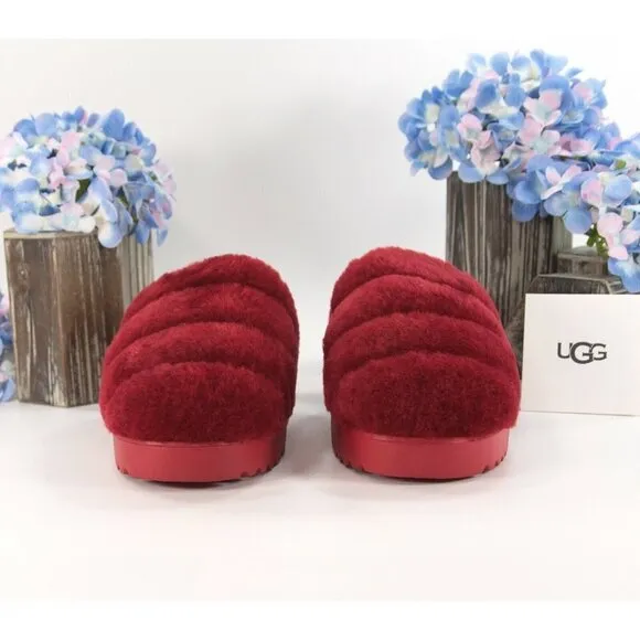 UGG Fluff Oh Yea Robe Red Sheepskin Fur Slippers Slides Sandals Size 6 NIB