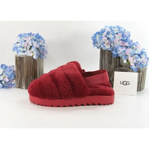 UGG Fluff Oh Yea Robe Red Sheepskin Fur Slippers Slides Sandals Size 6 NIB