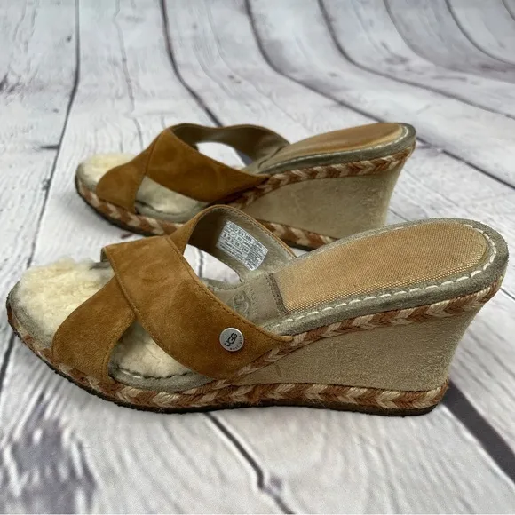 UGG Margot suede wedge sandals fur lined light brown slip on shoes, size 8