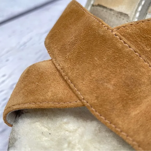 UGG Margot suede wedge sandals fur lined light brown slip on shoes, size 8