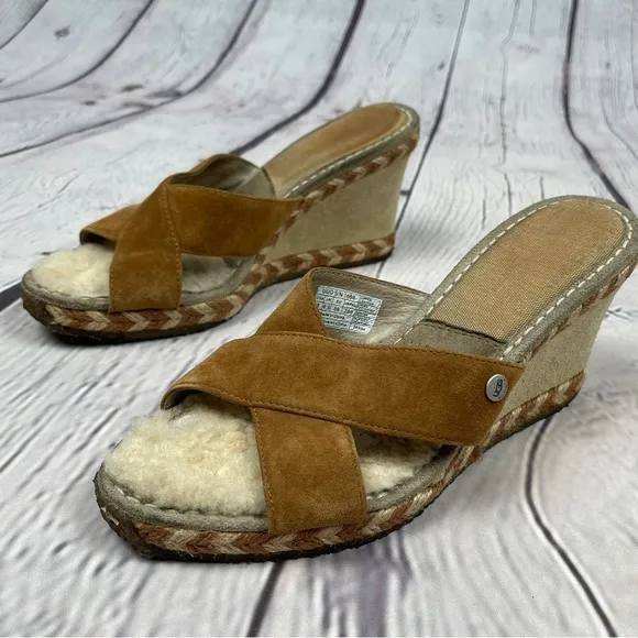 UGG Margot suede wedge sandals fur lined light brown slip on shoes, size 8