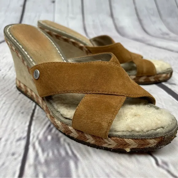 UGG Margot suede wedge sandals fur lined light brown slip on shoes, size 8
