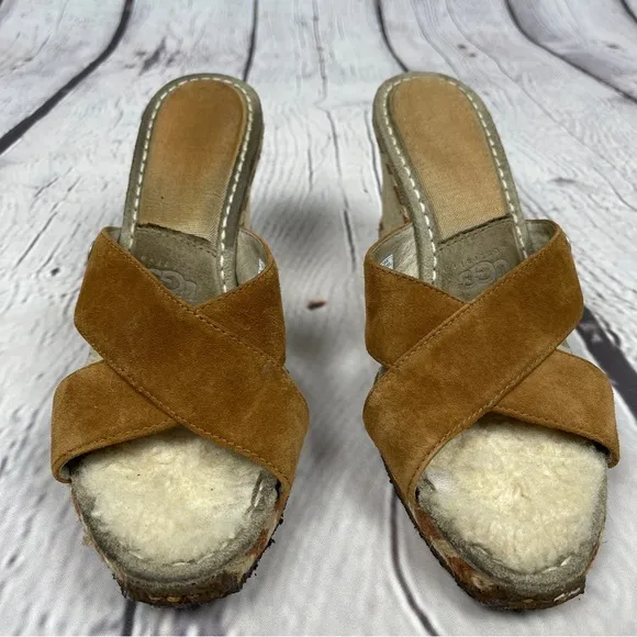 UGG Margot suede wedge sandals fur lined light brown slip on shoes, size 8