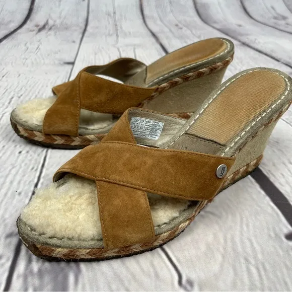 UGG Margot suede wedge sandals fur lined light brown slip on shoes, size 8