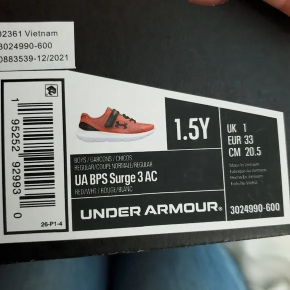 Under Armour Kids UA BPS Surge 3 AC 3024990-600 Red White Sneaker Shoes Sz 1.5Y