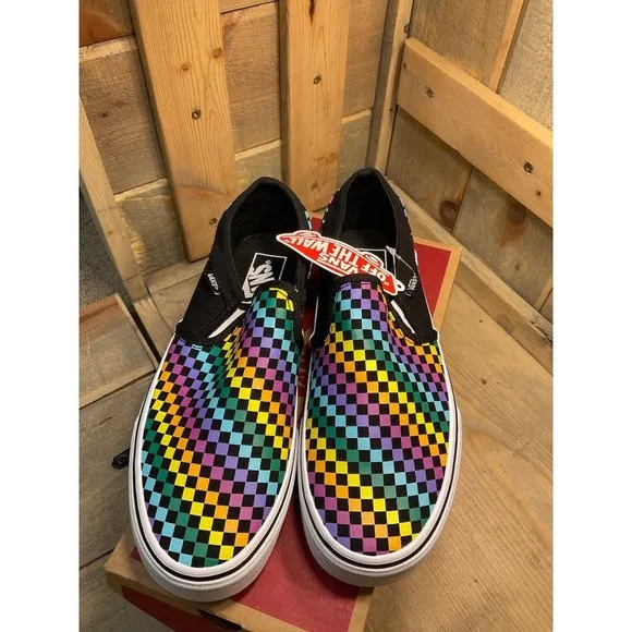 Us7 NEW Vans Asher Rainbow Mini Check Canvas Slip On Skate Shoes Womens