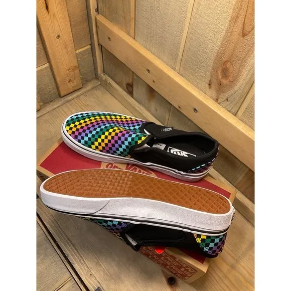 Us7 NEW Vans Asher Rainbow Mini Check Canvas Slip On Skate Shoes Womens