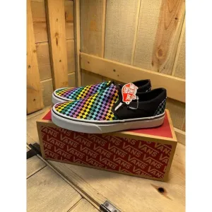 Us7 NEW Vans Asher Rainbow Mini Check Canvas Slip On Skate Shoes Womens