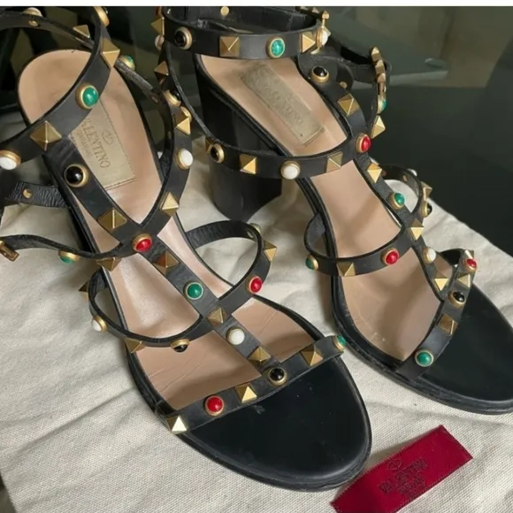 Valentino Black Heels with Strappy Design and Gold-Toned Studs