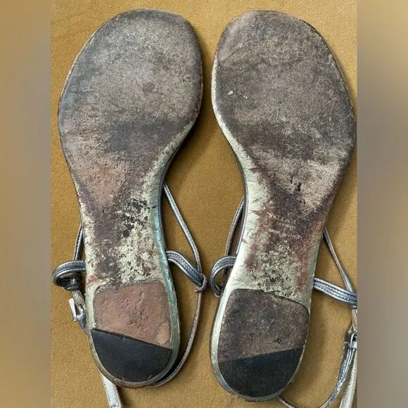 Valentino Garavani Pewter Metallic Jeweled Flat Sandals 8