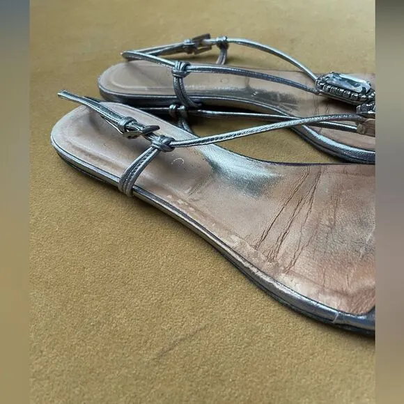 Valentino Garavani Pewter Metallic Jeweled Flat Sandals 8